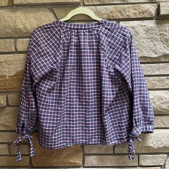 Madewell Blue Red Tie-Sleeve Linen Blend Top in Whitby Plaid Size Small - Picture 7 of 12